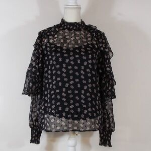 Calligraphie Women's Black Floral Mock Neck Long Sleeve Blouse